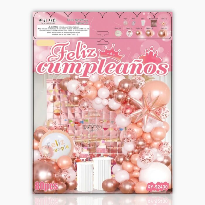 Combo Grande de Globos Arco Orgánico Rose Gold Y Salmón Con Cartel Feliz Cumpleaños - Imagen 1