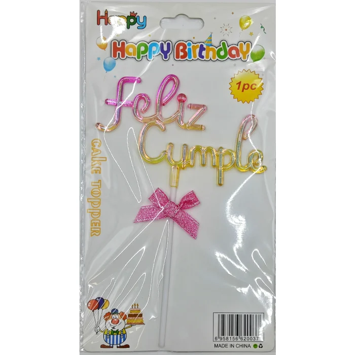 Topper de Torta "Feliz Cumple" Acrílico Translúcido con Moño - Imagen 2