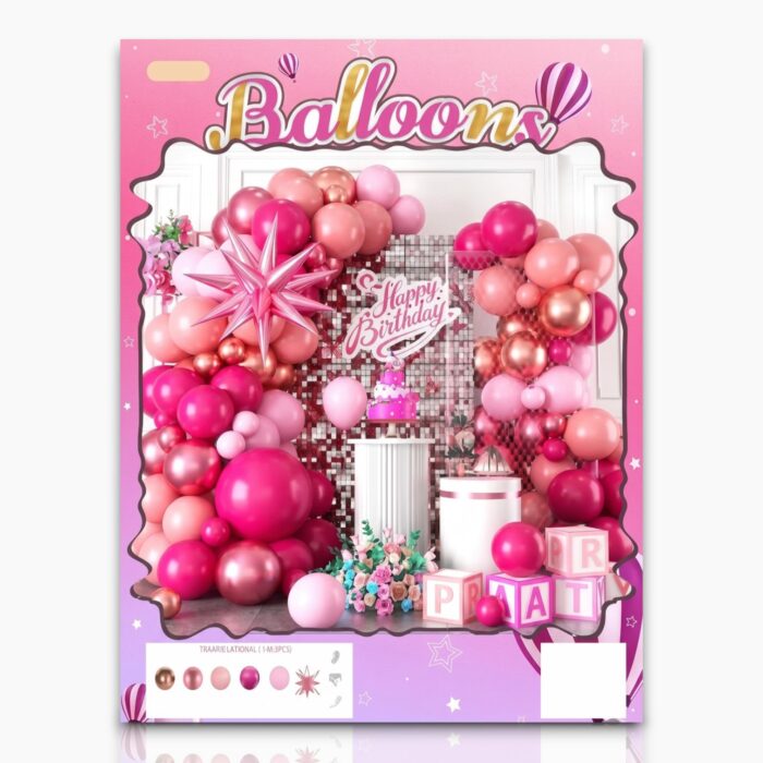 Combo Grande de Globos Arco Orgánico Fucsia Cromado Y Rosa Con Estrella 3D - Imagen 1