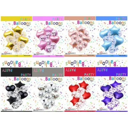 Set de 10 Globos para Fiestas - Confeti, Estrellas y Corazones - Varios Colores