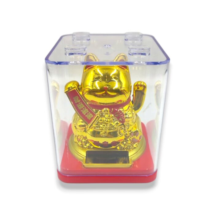 Gato de la Fortuna Maneki Neko Solar Dorado Con Energia Solar 9x7cm - Imagen 2