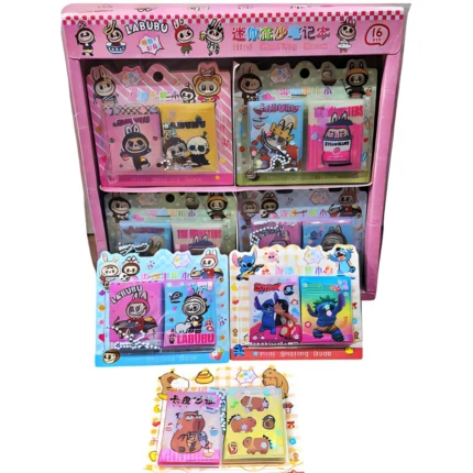 Set De 2 Mini Libretas Anotador Con Stickers Kawaii (Labubu, Stitch y Capibara)