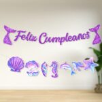 Banderín "Feliz Cumpleaños" Temático Sirena y Mar con Brillo - Imagen 2