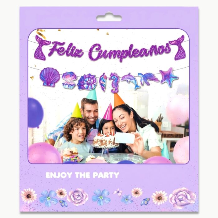 Banderín "Feliz Cumpleaños" Temático Sirena y Mar con Brillo - Imagen 1