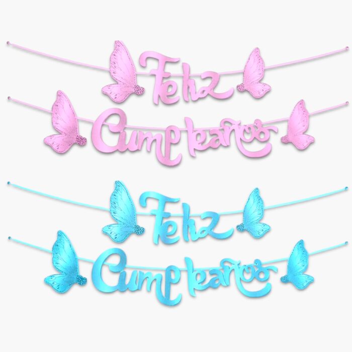 Banderín "Feliz Cumpleaños" Metalizado Mariposas - Imagen 2