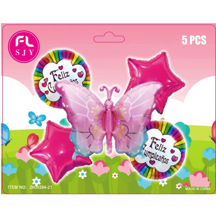 Set 5 Globos Metalizados Mariposa "Feliz Cumpleaños" - Imagen 2