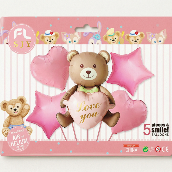 Set 5 Globos Metalizados Oso "Love You", Estrellas y Corazones Rosas - Imagen 1