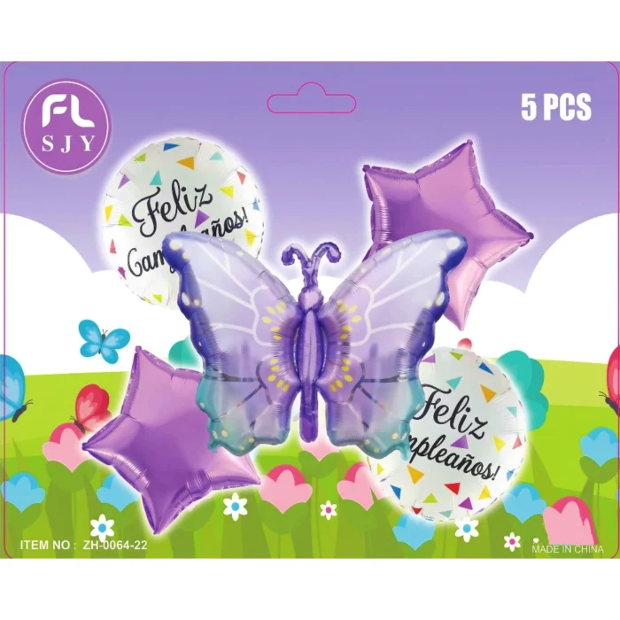 Set 5 Globos Metalizados Mariposa "Feliz Cumpleaños" - Imagen 1