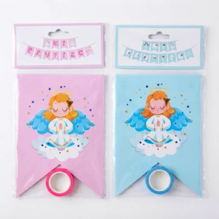 Banderín "Mi Bautizo" con Diseño de Angelito - Rosa y Celeste
