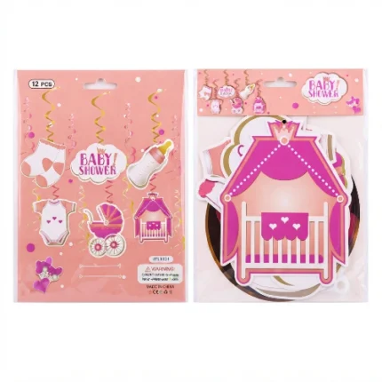 Decoración Colgante Baby Shower Temática Rosa (12 Pcs)