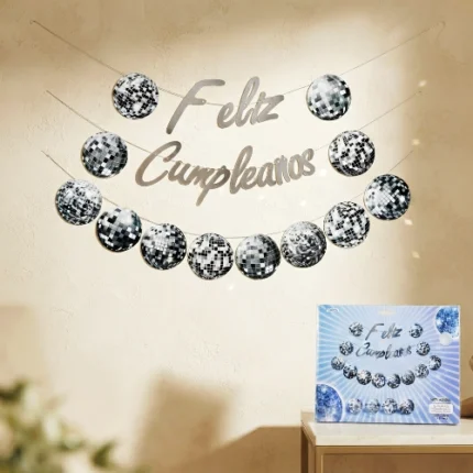 Guirnalda Bola de Disco Plateada con Cartel Feliz Cumpleaños 18 Pcs